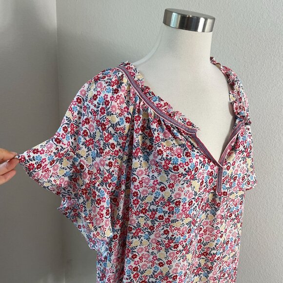 Max Studio Womens Plus 3X Floral Ruffle V Neck Tunic Top Short Sleeve Blouse - Picture 2 of 9